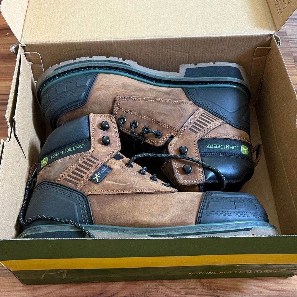 John Deere Brown and Black Work Boots with Green Trim